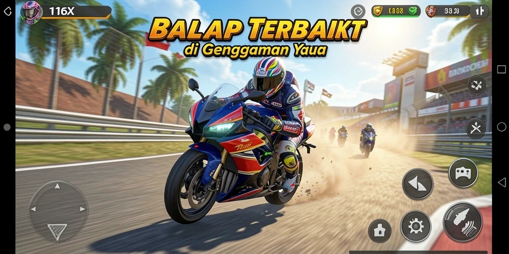Screenshot 116X menampilkan adrenalin tinggi balapan motor.