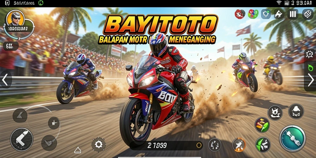 Tangkapan layar gameplay <strong>BAYITOTO</strong> yang menunjukkan aksi balapan motor penuh adrenalin.