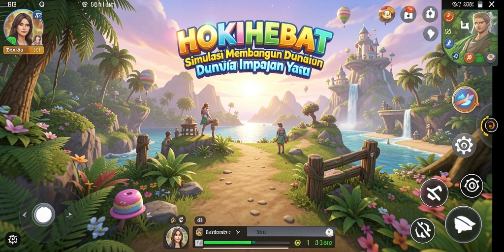 Tampilan gameplay HOKIHEBAT dengan berbagai bangunan dan fitur menarik.