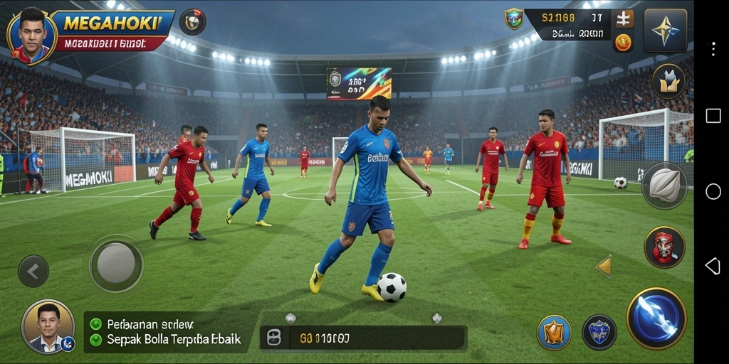Screenshot gameplay MEGAHOKI menampilkan momen-momen menegangkan pertandingan sepak bola.