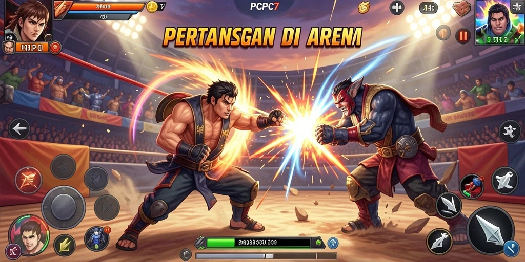 Screenshot utama PCPC7 menampilkan aksi pertarungan yang intens dan mendebarkan.