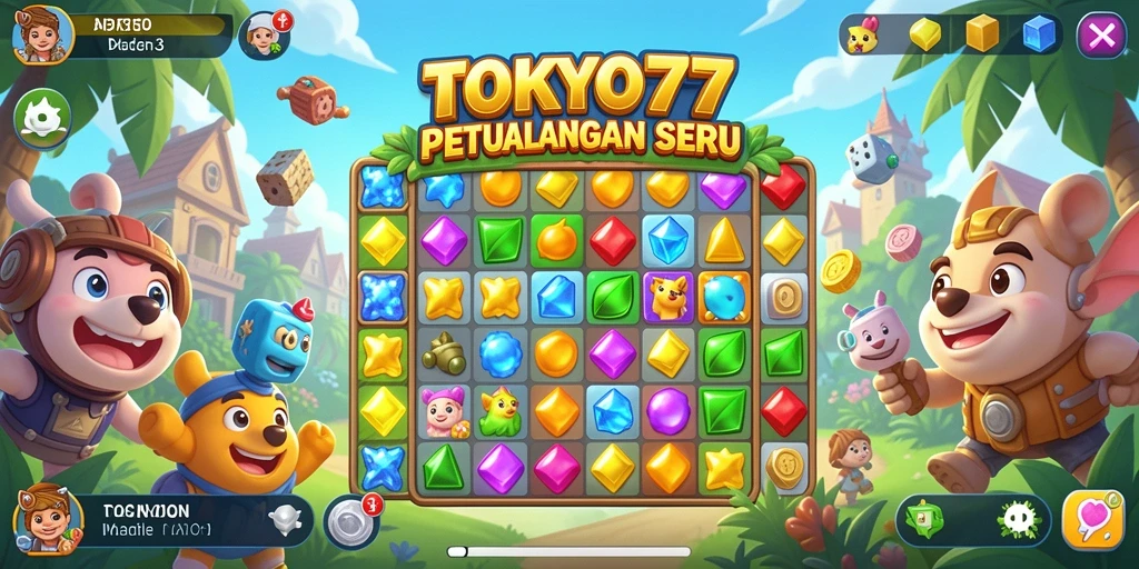 Screenshot menampilkan gameplay Match-3 yang seru dan penuh warna.