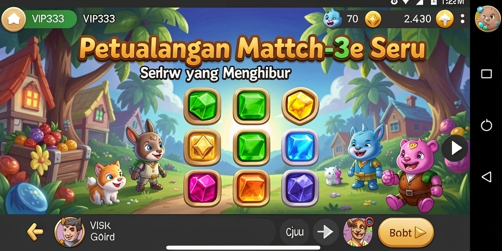 Screenshot gameplay <strong>VIP333</strong> menampilkan momen mencocokkan permata yang penuh warna.