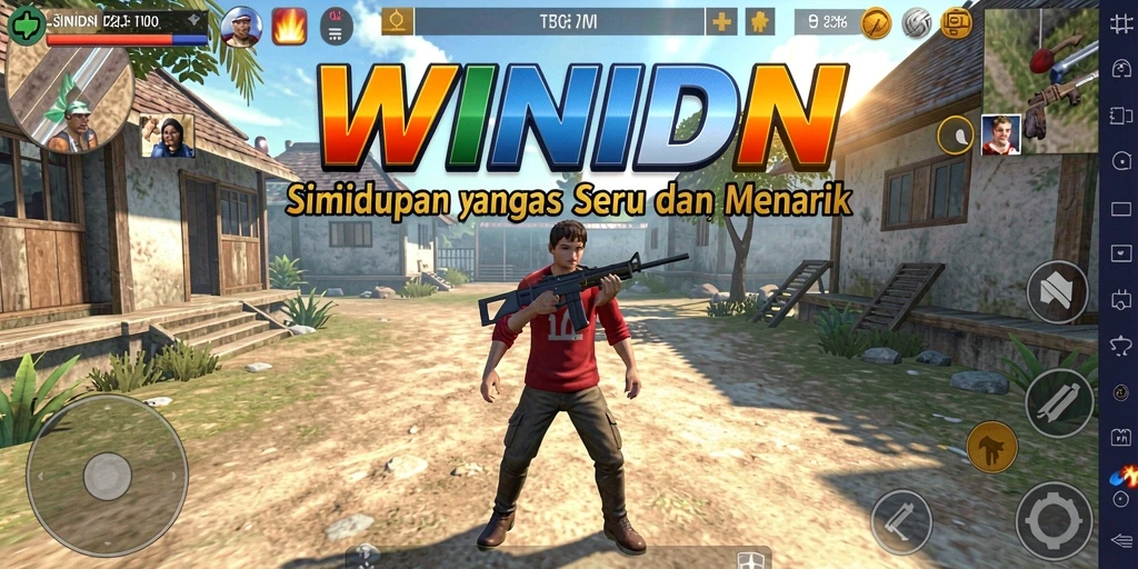 Tampilan gameplay <strong>WINIDN</strong> yang menunjukkan interaksi sosial dan lingkungan virtual yang mendetail.