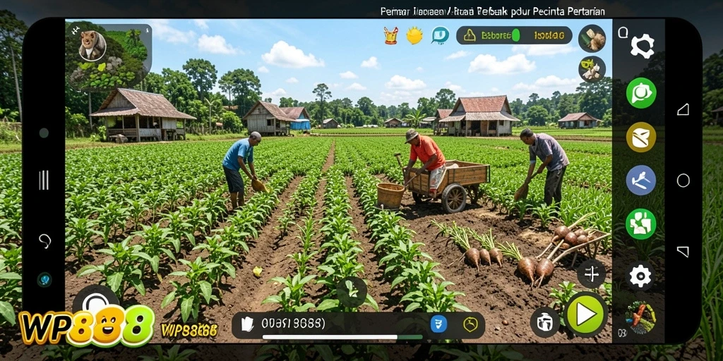 Tampilan gameplay WP888 yang menggambarkan aktivitas bertani yang seru.